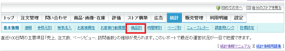 統計情報で商品別を開く